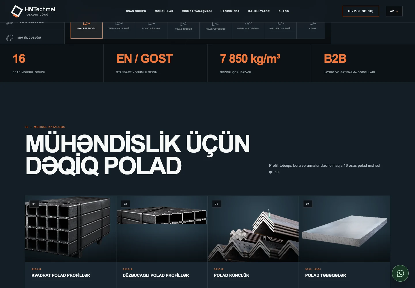 Live HN TechMet steel product catalog with profiles, sheets and industrial materials