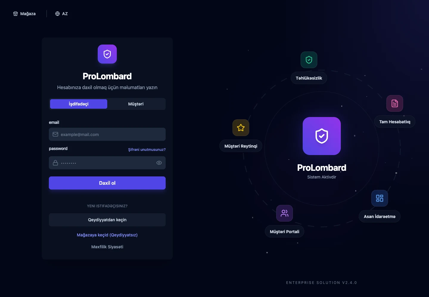 Real ProLombard web platform with separate employee and customer sign-in
